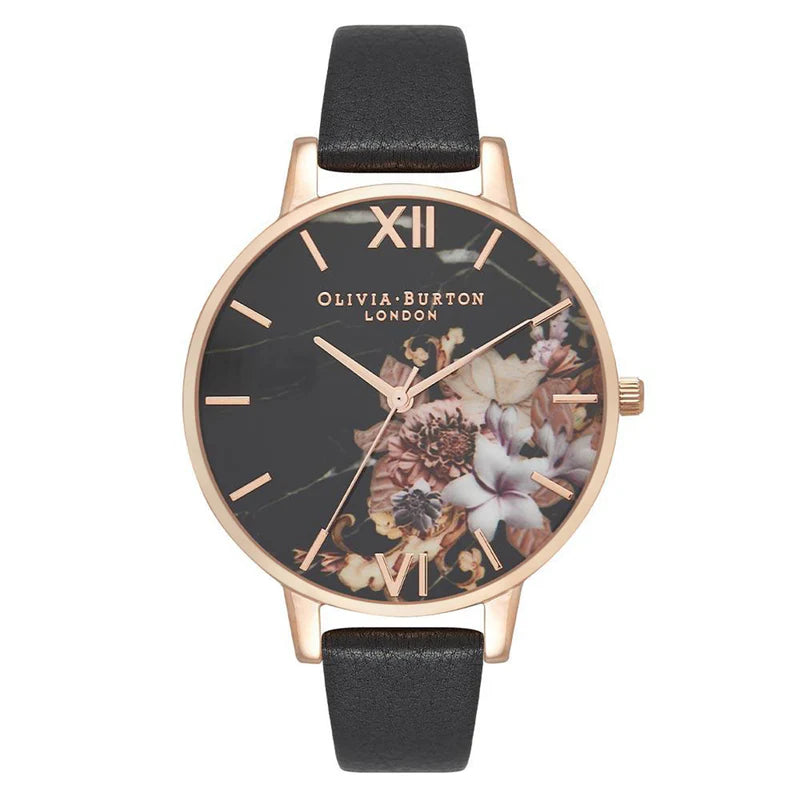 Olivia Burton Marble Florals Black Leather Dial Ladies Watch OB16CS01